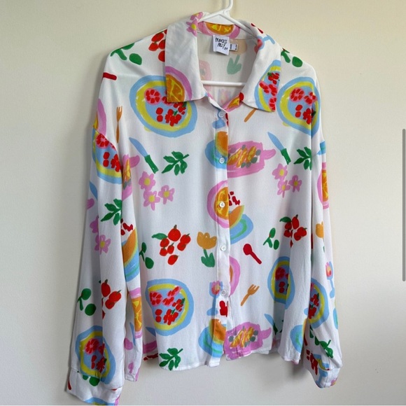Princess Polly Luncheon Shirt Button Front Top Long Sleeve White Multicolor Sz 6 - Picture 4 of 8